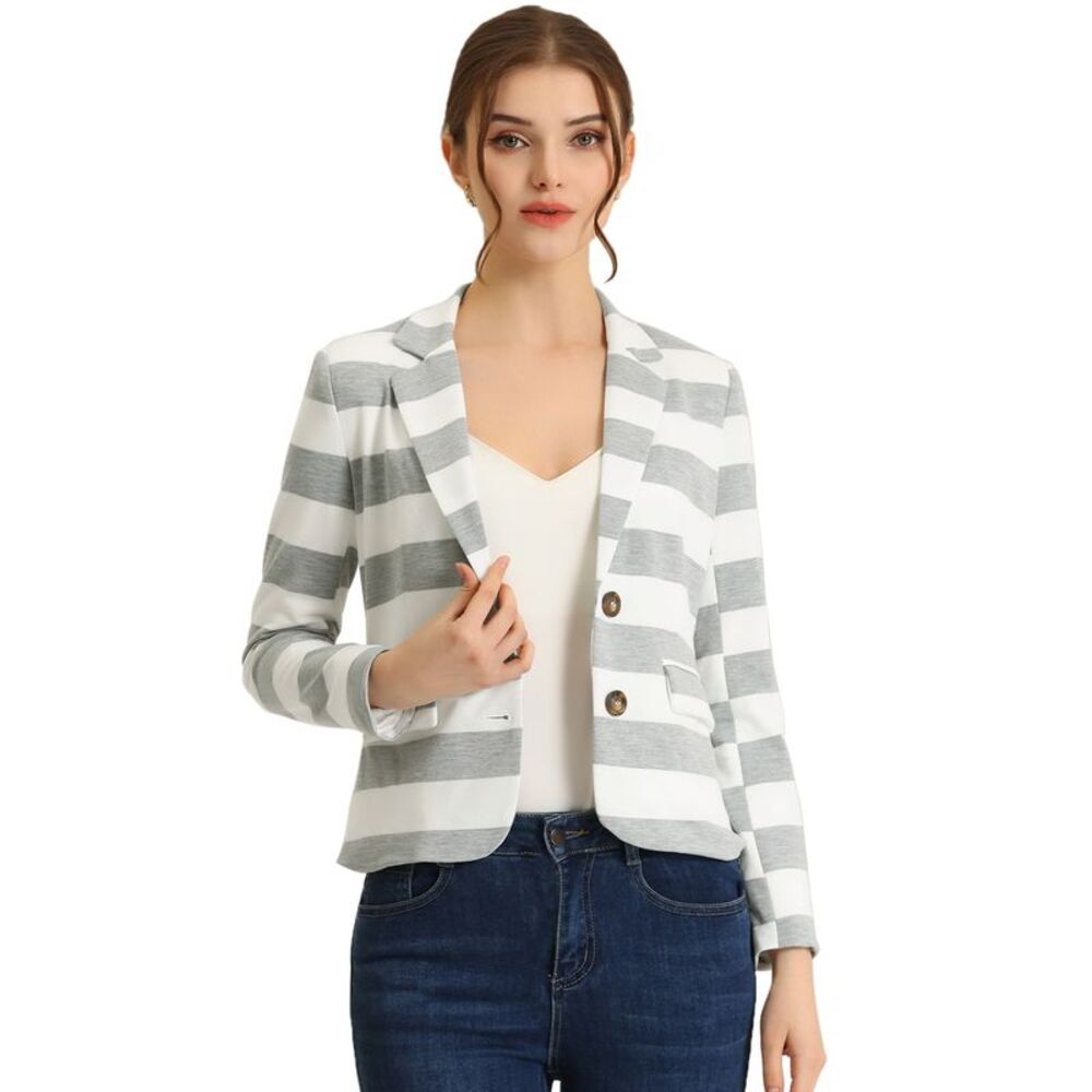 Notched Lapel Pocket Button Closure Striped Blazer Light Grey